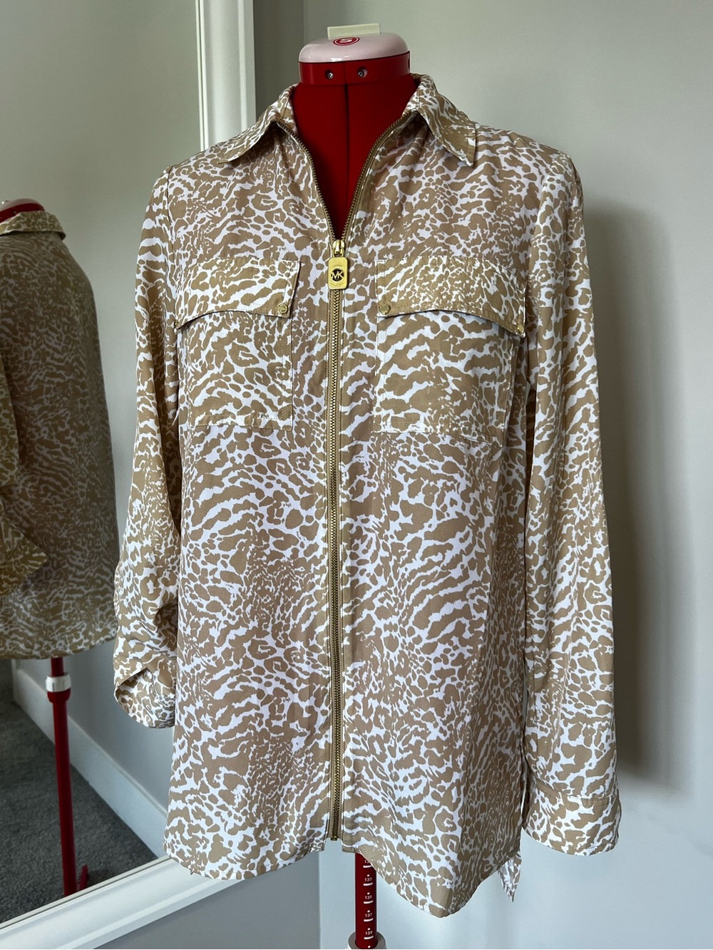 Michael Kors Tan and White Animal-Print Blouse with Gold Button